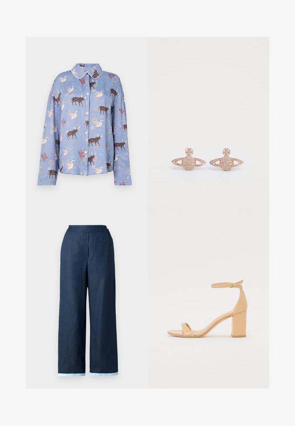 Lichtblauw overhemd met lange mouwen, voorzien van een print met bruine stieren, zwanen en hemelse elementen; knoopsluiting en een contrasterende kraag.; Navy wijde benen broek van linnen, met een elastische tailleband en contrasterende lichtblauwe afwerking aan de onderkant. Glad textuur.; Nude patenten leren heeled sandalen met een vierkante neus, enkelbandje en een stevige blokhak. Gladde textuur en minimalistische ontwerpelementen.; Roze gouden oorbellen met een geometrisch ontwerp, voorzien van cirkelvormige accenten en een kruismotief, versierd met kleine heldere kristallen.