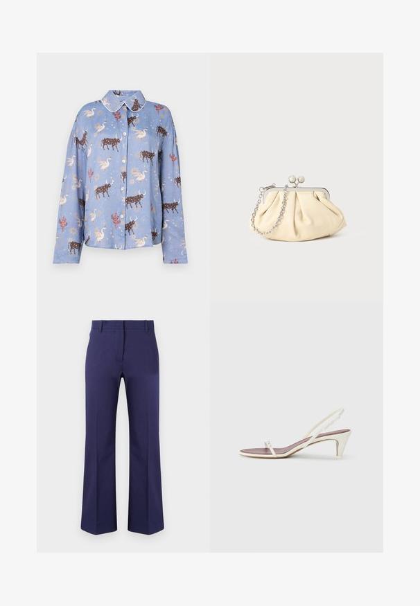 Világoskék, hosszú ujjú ing, barna bikák, hattyúk és égi elemek nyomatával; gombos zárás és kontraszt színű gallér.; Sötétkék harangszárú nadrág sima anyagból, lapos elülső résszel, övhurkokkal és formázott sziluettel.; Fehér, pántos szandál enyhe sarokkal, vékony pántokkal és sima bőr textúrával; kis díszítő csattal rendelkezik.; Pleátolt bézs bőr válltáska ezüst fém kerettel, két kerek díszcsattal és ezüst lánc pánttal.
