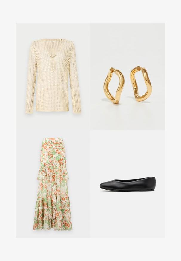 Gebreide, langmouw top in lichtbeige met een mesh ontwerp. Voorzien van een V-hals en een ronde uitsnijding op de borst, versierd met een gouden accent.; Florale maxi rok met een crèmekleurige achtergrond, oranje en groene bloemenprint, gerimpelde lagen en een aansluitend tailleontwerp.; Paul Smith TOPANGA - Ballerina's - black; Gouden ovale oorbellen met een gebogen, onregelmatige vorm en een gladde, gepolijste textuur. Geen zichtbare hardware of accenten.