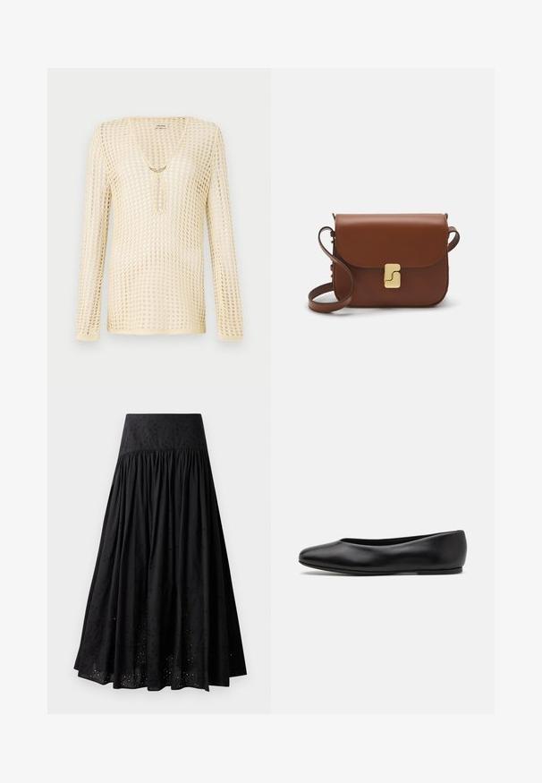 Knit, long-sleeve top in light beige with a mesh design. Features a V-neckline and a circular cutout at the chest, adorned with a gold accent.; Black maxi skirt made of cotton with an embroidered waistband. Features gathered fabric and eyelet detailing along the hem.; Paul Smith TOPANGA - Ballet pumps - black; Brown leather handbag with a flap closure, gold-tone hardware, a shoulder strap, and a smooth texture. Compact rectangular shape.