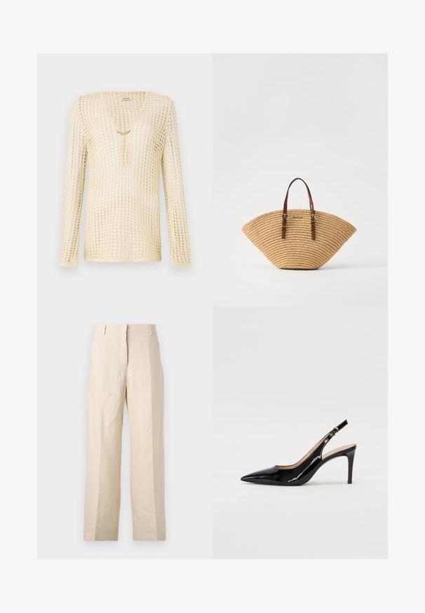 Tricou din tricot cu mânecă lungă, de culoare bej deschis, cu un design din plasă. Are un decolteu în formă de V și o decupare circulară la piept, împodobită cu un accent de aur.; Pantaloni din in bej cu croială lejeră, cu față pliată și picioare drepte. Prezintă un brâu cu bucle pentru curea și fără buzunare vizibile.; Pantofi slingback din piele patent neagră, cu vârful ascuțit, tocul subțire și un design discret cu decupaj. Se evidențiază printr-un cataramă aurie pe curea.; Geantă din fân în formă de evantai, cu mânere din piele maro și o țesătură texturată. Culoare naturală bej cu o suprafață netedă și detalii accentuate minime.