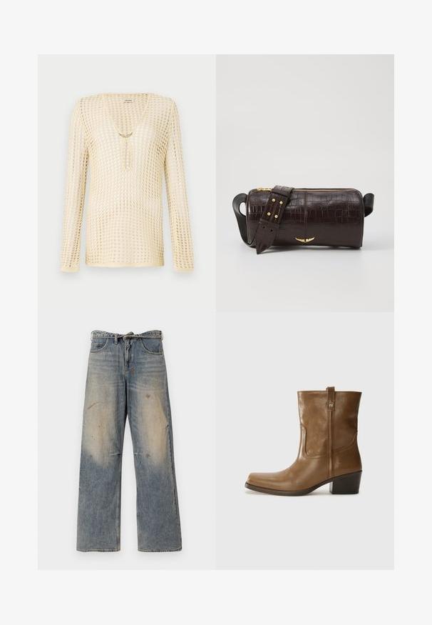 Pletena majica dugih rukava u svijetloj bež boji s mrežastim uzorkom. Ima V-izrez i okrugli izrez na prsima, ukrašena zlatnim detaljem.; Svjetloplave traperice s opuštenim, ravnim krojem. Imaju izgužvane, izblijedjele i oštećene detalje u blizini koljena. Klasičan stil s pet džepova.; Smeđa kožna cipela do gležnja sa četvrtastim vrhom, teksturiranim finišem i niskim složenim potpeticom. Ima stražnju petlju za navlačenje i suptilne detalje šivanja.; Smeđa torba od kože s embosiranim krokodilskim uzorkom, cilindričnog oblika, zlatne hardverske detalje i odvojivu naramenicu sa čavlima.