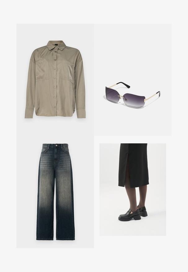 Oliven grønn, langermet skjorte i et glatt og lett stoff. Den har knappelukking foran, spiss krage og to brystlommer.; Vidjeans i mørkt denim med vide ben, som har en falmende gradient fra mørk til lys, med fem lommer og kontraststing detaljer.; Sorte lærersko med rund tå, tykk blokkheel og elastiske sideaksenter, sammen med mørke strømpebukser og et svart skjørt med splitt.; Solbriller med grå gradientlinser, gullmetallramme og svarte plasthøyder. Unike sommerfuglformede linser med tynne armer.