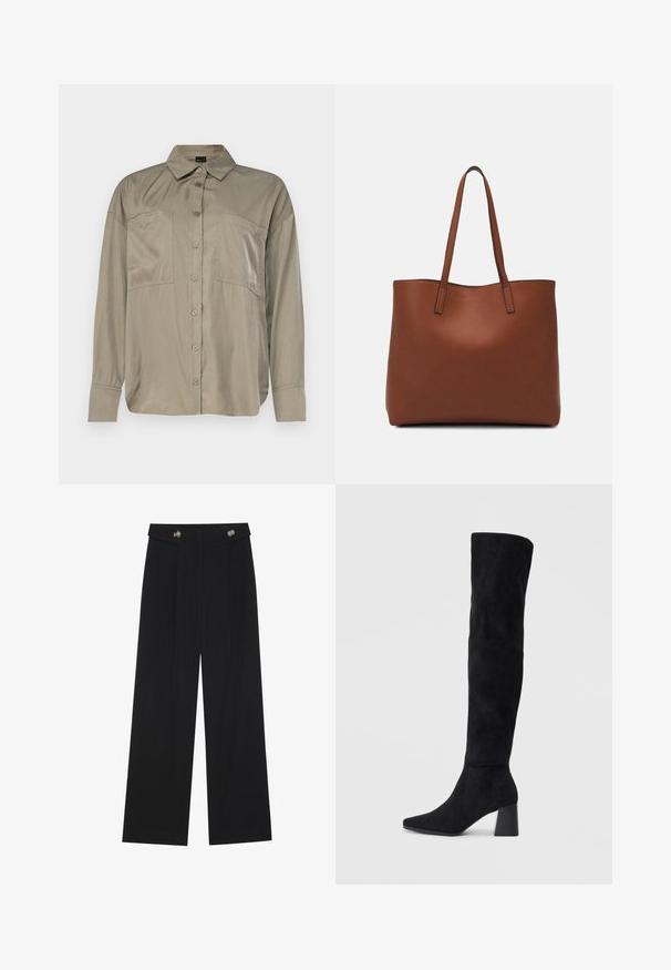 Olivovo zelená košeľa s dlhým rukávom vyrobená z hladkej, ľahkej tkaniny. Má zapínanie na gombíky, špicatý golier a dve náprsné vrecká.; Čierne široké nohavice s vysokým pásom, so zapínaním na gombíky na páse a prednými sklady.; Čierna semišová kozačka po kolená s blokovým podpätkom, špicatou špičkou a hladkým, bezšvovým dizajnom na jednoduchom svetlom pozadí.; Hnedá kožená taška na rameno s hladkou textúrou, otvoreným vrchom a dvoma ramenými popruhmi. Má minimálne šitia a žiadne viditeľné kovania.