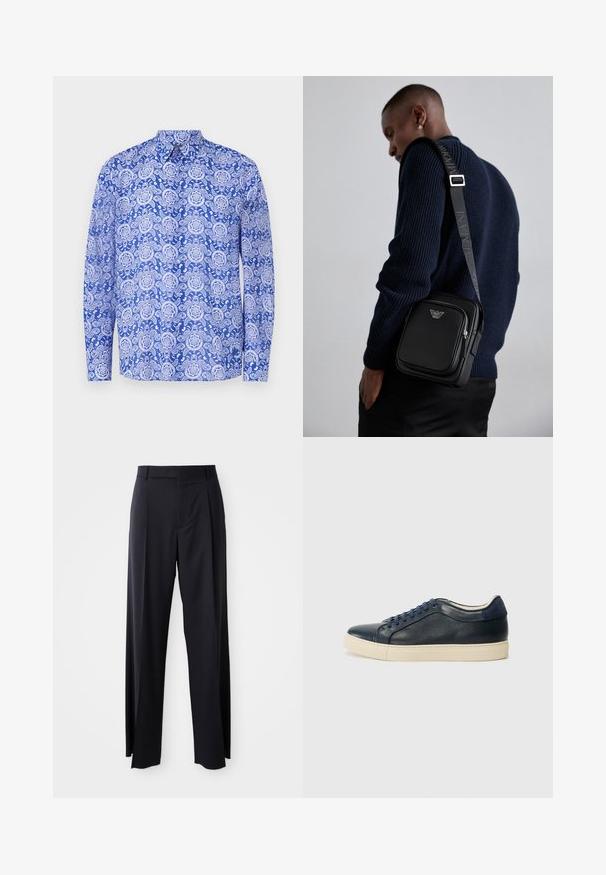 Vilebrequin CARACAL - Marškiniai - palace; Juodi, aukštai užtraukiami kelnių modeliai su plačiomis kojomis, pagaminti iš lygaus audinio. Yra priekiniai raukšlės ir diržo kilpos. Minimalistinio dizaino, be matomų detalių.; Tamsiai mėlynos odinės sportbačiai su kreminiu guminiu padu, turintys mėlynas raišteles ir lygų paviršių. Suapvalintas pirštas ir minimalistinis dizainas.; Juodas odinis kryžiumi nešiojamas krepšys su užtraukiamu skyriumi, logotipo detale ir prekinio ženklo reguliuojama juosta. Dėvimas ant tekstūrinio tamsiai mėlyno megztinio.