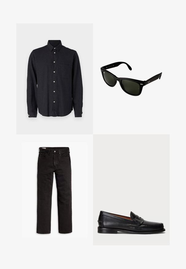 Cămașă cu mânecă lungă de culoare gri închis, fabricată dintr-un material texturat. Prezintă un guler de tip cămașă, un buzunar frontal și închidere cu butoane argintii.; Top din bumbac alb, cu decolteu rotund, bretele late și margine dreaptă, având o textură fină și fără modele vizibile.; Jeans din denim negri cu picior drept, cu cinci buzunare, închidere cu nasture și bucle pentru curea, așezați plat pe un fundal alb.; Mocasini din piele neagră cu vârful rotunjit, detalii cusute și o curea decorativă în partea din față. Talpă plată cu un profil minim.; Ochelari de soare din plastic negru cu lentile de un verde închis. Designul cu ramă pătrată are accente argintii și un logo embosat pe pozitiv.