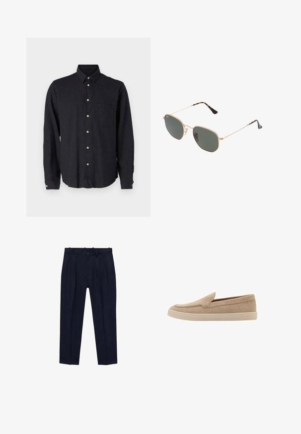 Tmavě šedá dlouhá tričko s dlouhými rukávy, vyrobené z texturované látky. Obsahuje límec na knoflíčky, přední kapsu a zapínání na knoflíky se stříbrnými knoflíky.; Námornické kalhoty vyrobené z hladké látky, s mírně přiléhavým střihem, předními záhyby, poutky na opasek a jednobodovým zapínáním.; Béžová semišová nazouvací bota s kulatou špičkou a prošívanými detaily. Světle barevná gumová podrážka s nízkým profilem.; Sluneční brýle s kovovým zlatým rámem a tmavě zelenými skly, styl aviatorek, s úzkými obroučkami a želvovinovými akcenty na špičkách.