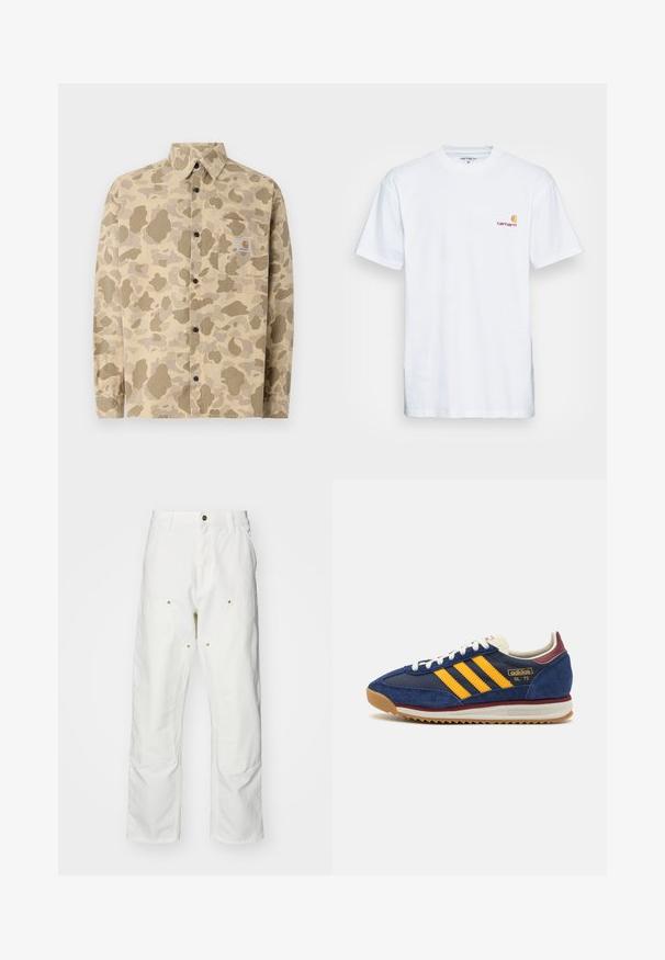 Camisa de botones marrón claro con un patrón de camuflaje en tonos variados de marrón. Presenta un bolsillo en el pecho y botones negros. Fabricada con una tela de textura suave.; Camiseta de algodón blanca de manga corta. Diseñada con un pequeño logotipo naranja y marrón en el lado izquierdo del pecho. Presenta un cuello redondo clásico.; Pantalones cargo de algodón blancos con un corte relajado. Las características incluyen bolsillos frontales, detalles en dorado y secciones de rodilla reforzadas.; Zapatilla de ante azul marino con rayas amarillas, cordones blancos y acentos burdeos. Suela texturizada con surcos para tracción. Logo de la marca en el lateral.