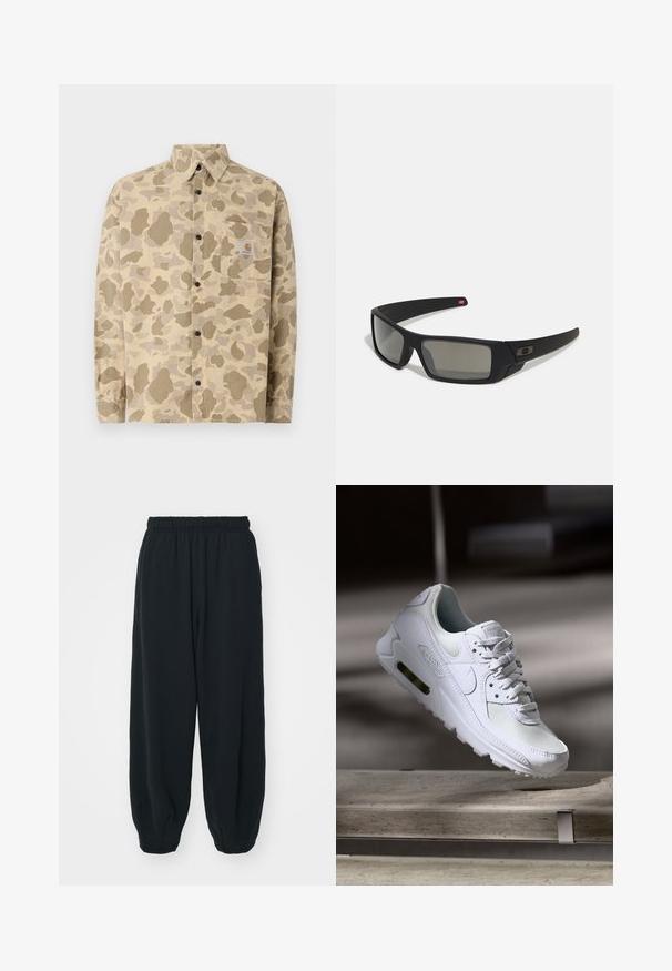 Tan overhem met een camouflagepatroon in verschillende tinten bruin. Voorzien van een borstzak en zwarte knopen. Gemaakt van stof met een zachte textuur.; Zwarte, elastiche sweatpants met een losse pasvorm, manchetten aan de enkels, een zachte textuur en zonder zichtbare patronen of hardwareaccenten.; Witte Nike Air Max 90 sneaker met een bovenwerk van mesh en leer, een geperforeerde teenbox en een zichtbare luchtunit in de hiel.; Zwarte zonnebril met een matte afwerking, rechthoekige glazen, een lichte kromming op de slapen, subtiele logodetails en rookgetinte glazen.