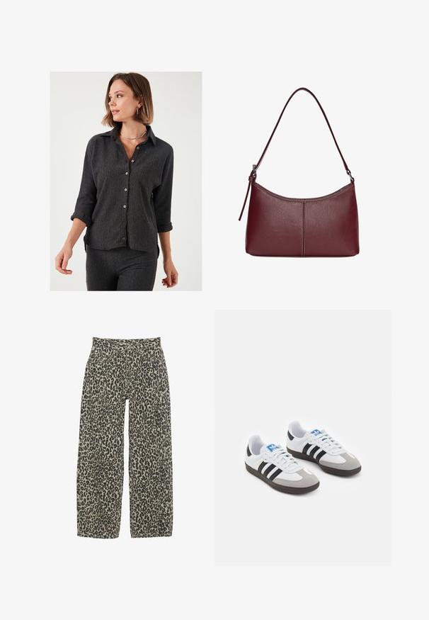 Čierna textúrovaná košeľa s dlhými rukávmi, ktoré sú zvinuté do lakťov, s drevenými gombíkmi a klasickým dizajnom goliera.; Nohavice s leopardím vzorom so širokými nohavicami v neutrálnom béžovo-čiernom farebnom schéme. Majú vysoký pás, päť vreciek a zapínanie na gombík.; Športové topánky s bielym koženým zvrškom, šedou semišovou špičkou a tromi čiernymi pruhmi. Obsahujú modré logo na jazyku a štruktúrovanú gumovú podrážku.; Bordová kožená kabelka s zakriveným tvarom, s jedným ramenným popruhom a prešitými detailmi v strede. Hladký povrch, minimalistické príslušenstvo.