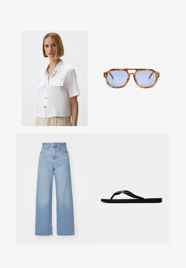 Jimmy Key SHORT SLEEVE WITH POCKET DETAIL - Chemisier - white; Jean large taille haute bleu clair avec bouton et fermeture éclair à l'avant, poches avant et arrière, sur fond blanc.; Tong sandale en caoutchouc noir avec une bride en T texturée et une semelle plate simple, montrée de côté sur un fond clair.; Lunettes de soleil écaille de tortue avec des verres bleus, design angulaire, monture épaisse et découpe au niveau du nez ; dispose d'un accent doré sur la branche.; Sac à main en cuir rouge avec une anse froncée et un nœud décoratif à l'avant. Texture lisse, forme rectangulaire, accents en métal argenté.; Boucles d'oreilles en métal doré présentant une forme incurvée en croissant et une forme rectangulaire, toutes deux avec des surfaces lisses et polies.