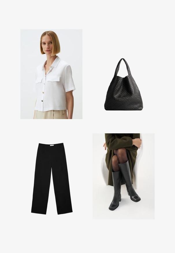 Jimmy Key SHORT SLEEVE WITH POCKET DETAIL - Overhemdblouse - white; Wijdere broek in zwarte stof, met een gladde textuur, strak ontwerp en een discrete zijrits als sluiting.; Knieschijf hoge zwarte leren laarzen met een vierkante neus en blokhak, getoond met een model dat zit in een olijfgroene jas. Gladde textuur, minimale details.; Zwarte geweven tote bag met twee handvatten. Zachte textuur, slungelige vorm en een grote, ronde vorm. Geen zichtbare hardware of accenten.