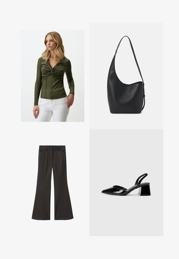 Olivgrünes Langarmoberteil mit einem Twist-Detail vorne, ausgestattet mit vertikalen Falten und einem V-Ausschnitt, getragen mit weißen Jeans.; Schwarze, weit geschnittene Hosen mit hoher Taille; verfügt über zwei Fronttaschen und eine glatte Stoffoberfläche. Geeignet für verschiedene Anlässe.; Schwarze Lackleder-Slingback-High Heels mit spitzem Schuh und einem geometrischen Blockabsatz. Verfügt über ein schlankes, minimalistisches Design und eine glatte Textur.; Schwarze Leder-Hobo-Tasche mit einer glatten Textur, geschwungener Form und einem einzelnen verstellbaren Tragegurt; verfügt über eine weite Öffnung am oberen Ende.