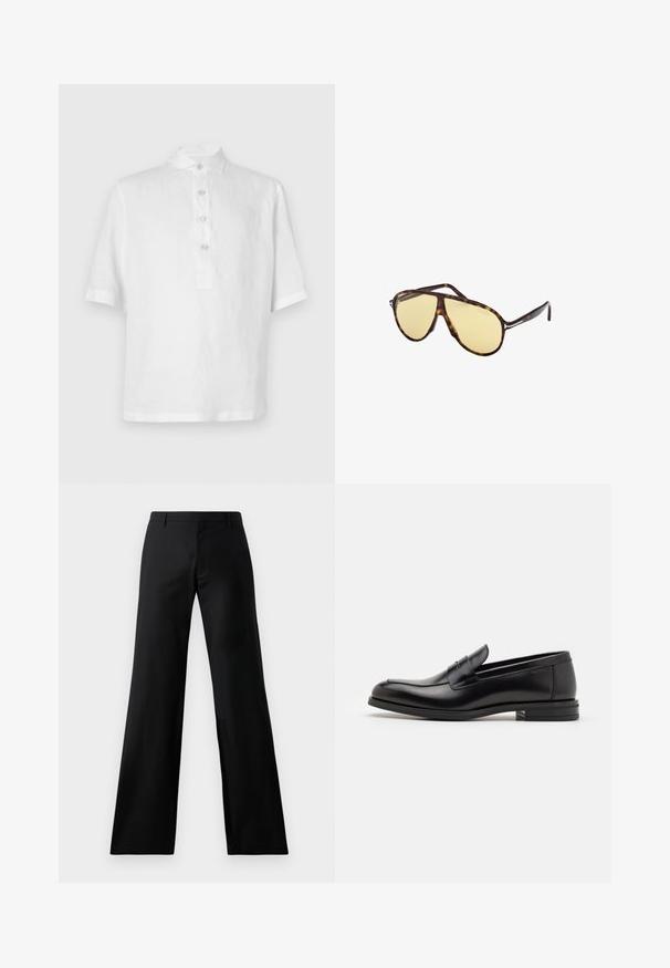 Biała koszulka polo z krótkim rękawem, wykonana z lnu. Posiada zapięcie na guziki, tradycyjny kołnierzyk oraz luźny krój. Gładka, lekka faktura.; Czarne szerokie spodnie wykonane z gładkiego materiału. Posiadają średnio osadzony pas i fałdy z przodu, co zapewnia dopasowany krój.; Czarne skórzane mokasyny o gładkiej fakturze, zaokrąglonym nosku i dekoracyjnym pasku na przodzie. Niski, warstwowy obcas, minimalistyczny design.; Okulary przeciwsłoneczne w skorupkę żółtych soczewek. Kształt awiatora z podwójnym mostkiem i metalowymi akcentami. Gładka powierzchnia i elegancki design.