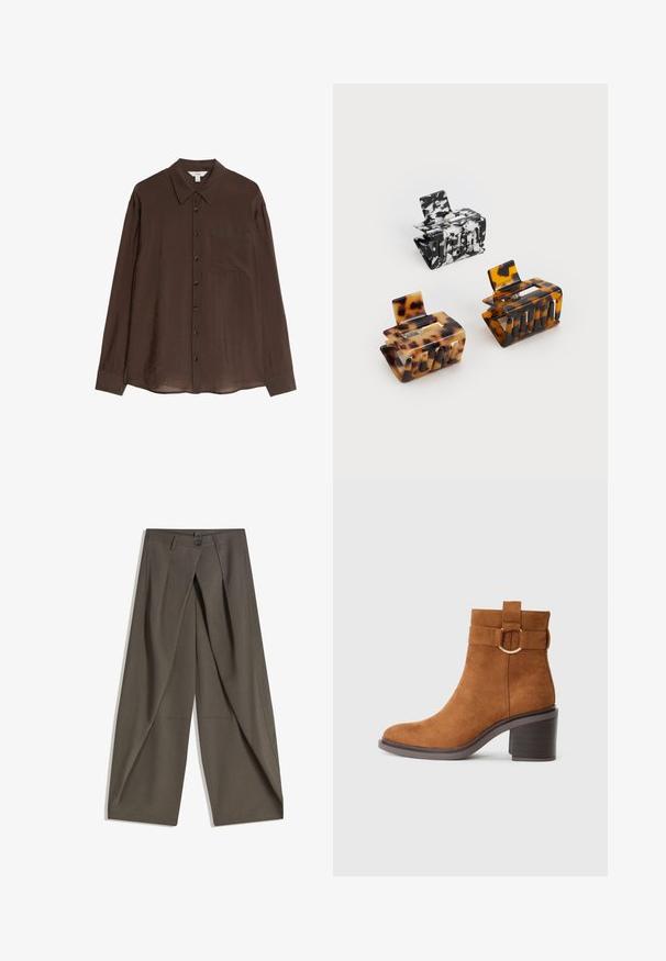 Brun skjorta med knappar i en mjuk, lätt tygliknande. Har en spetsig krage, långa ärmar och en bröstficka.; Breda byxor i en strukturerad, mörkgrå tyg. Har en framfålla, knäppning med knapp och sidofickor för praktisk användning.; Brun mockaskin ankelboot med rund tå, blockklack och en dekorativ rem med ett cirkulärt spännvidd.; Tre hårklämmor: en svart-vit marmorerad, två sköldpaddsmönstrade i bruna och svarta nyanser, alla gjorda av glänsande plast med en texturerad yta.