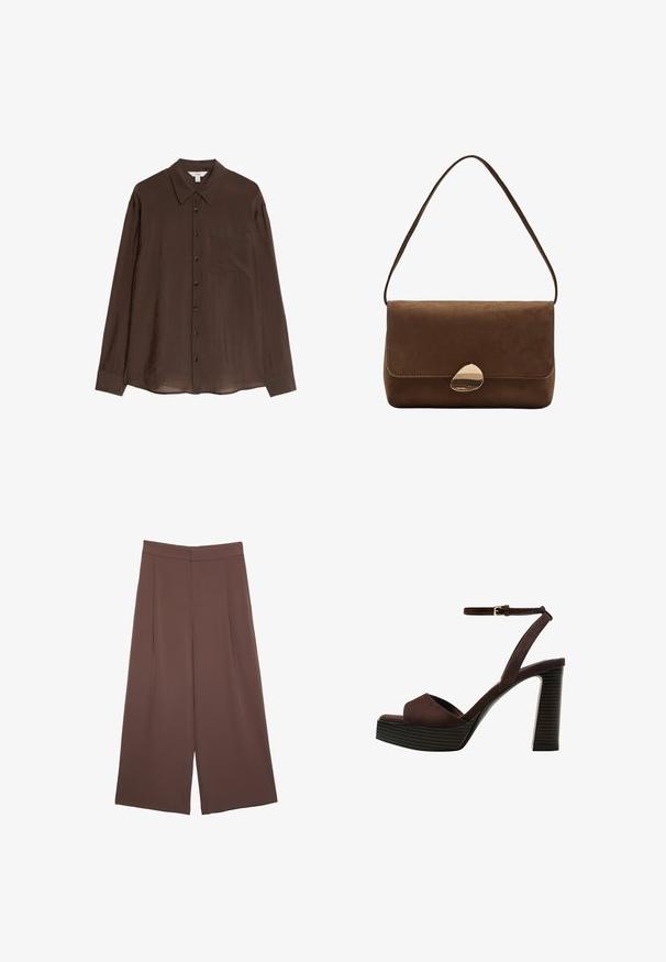 Brun skjorte med knapper lavet af et glat, let materiale. Har en spids krave, lange ærmer og en brystlomme.; Brune bredbunde bukser med en glat tekstur, der har høj talje og plisseringer foran. Stoffet er let og falder løst.; Brune ruskinds højhælede sandal med åben tå, justerbar ankelrem og en stribet plade sål.; Brun ruskind skuldertaske med buet guldlås og enkelt rem, rektangulær form med klaplukning.