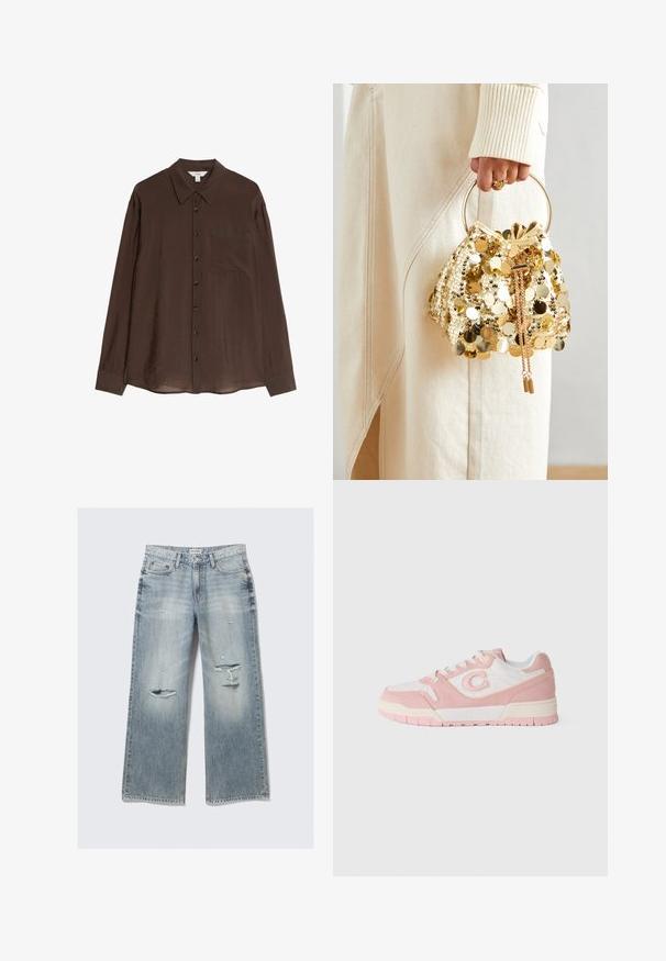 Brązowa koszula z guzikami uszyta z gładkiego, lekkiego materiału. Posiada wywinięty kołnierz, długie rękawy oraz kieszeń na piersi.; Jasnoniebieskie dżinsy typu wide-leg z przetarciami, postrzępionymi krawędziami i wyblakłym wykończeniem. Posiadają kieszenie z przodu i klasyczny pas.; Trampki z połączenia różowego zamszu i białej skóry, z okrągłym noskiem, sznurowanym zapięciem oraz teksturowaną gumową podeszwą.; Złota torebka worek z cekinami, z okrągłym uchwytem, ozdobiona błyszczącymi okrągłymi cekinami oraz teksturowanym materiałem. Wymiary nie są podane.