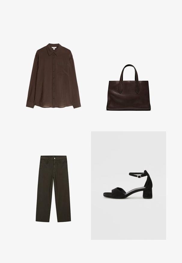 Bruine button-up shirt gemaakt van een gladde, lichte stof. Heeft een puntige kraag, lange mouwen en een borstzak.; Donkergroene wijde jeans van een katoenmix, met een sluiting met een voorste knop, vijf zakken en klassieke denimstiksels.; Zwarte suede hakken met een dunne enkelband, open teen ontwerp en een bescheiden blokhak. Zachte textuur en minimale accenten.; Bruine leren tote bag met twee verlengde handvatten, gestructureerde rechthoekige vorm, gladde textuur en subtiele stiksels.