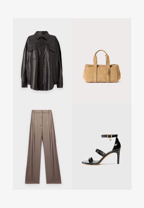 Čierna kožená košeľa s gombíkmi, špicatým golierom a dvoma náprsníkovými vreckami. Má voľný strih a hladkú textúru.; Biele skrátené tričko vyrobené z bavlny, s krátkymi rukávmi a vyšitým nápisom "MICHAEL KORS" v zodpovedajúcom dizajne na prednej strane.; Široké nohavice v jemnej taupe farbe, vyrobené z hladkej látky so saténovým povrchom. Majú upravený pás a decentné skladanie.; Čierne lakované sandále s tromi pásikmi, spona na členku a 10 cm ihlovým podpätkom. Obsahujú zlaté detaily s hardwarem a logo prívesok.; Béžová semišová taška s dvoma hornými uchami, obsahujúca predné vrecko, zlaté kovanie a jemný, textúrovaný povrch.