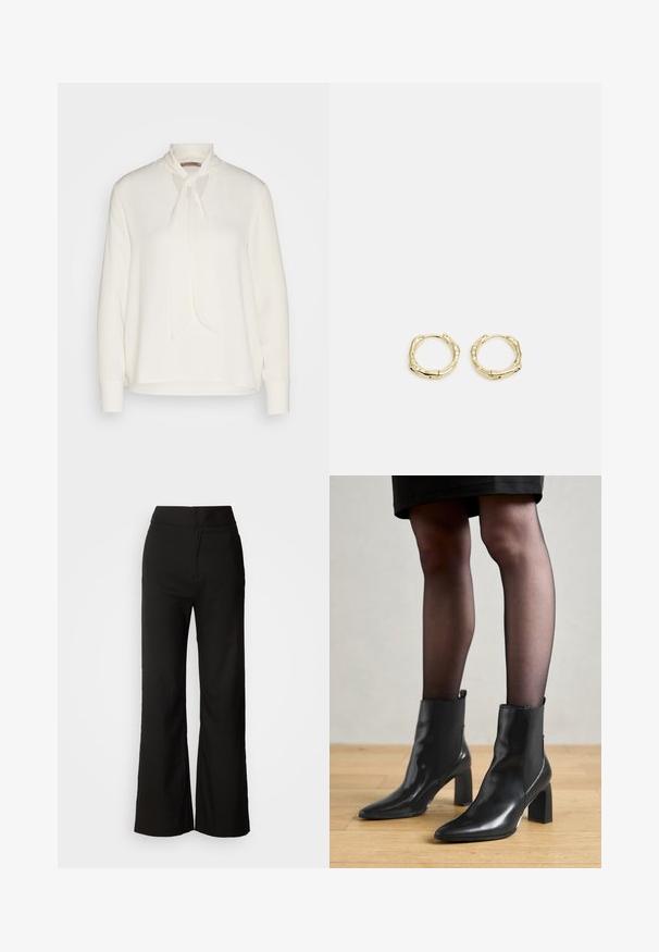 Hvid langærmet skjorte med bindebånd ved halsen, der har en glat overflade og en afslappet pasform. Enkel og elegant uden yderligere mønstre.; Sorte bukser med bred benvidde, glat tekstur, høj talje og et enkelt design. Ingen synlige lommer eller udsmykninger.; Sorte læderankelstøvler med spids tå, kraftig firkantet hæl og slankt design. Har elastiske sidepaneler for nem påtagning.; Gul hoop ørestikker med en struktureret, uregelmæssig form. Har en sømløs lukning og en poleret overfladefinish, der fremhæver et moderne design.