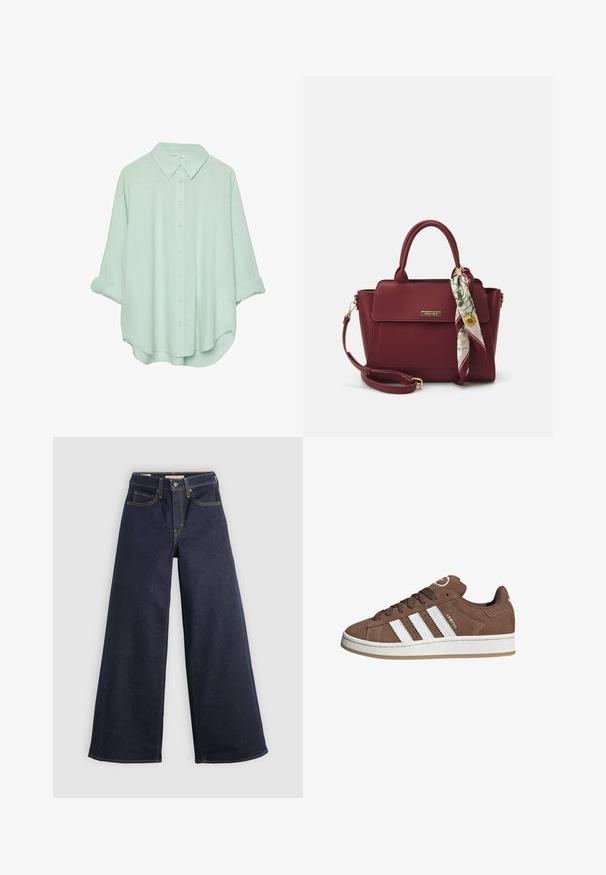 Camicia verde menta con colletto, maniche arrotolate e vestibilità morbida. Realizzata in un tessuto leggero e soffice con una texture liscia.; Jeans in denim a gamba larga di colore blu scuro con cuciture a contrasto. Caratterizzati da un design tradizionale a cinque tasche e chiusura a bottone in vita.; Sneakers in suede marrone con strisce in pelle bianca, suola in gomma, punta rotonda e lacci. Presentano un logo sulla linguetta e dettagli perforati.; Borsa borgogna realizzata in materiale sintetico con un design strutturato, dotata di tracolla removibile e un foulard a motivi floreali legato al manico.