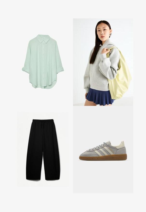 Mint green button-up shirt with a collar, rolled-up sleeves, and a relaxed fit. Made from a lightweight, soft fabric with a smooth texture.; Black wide-leg pants with an elastic waistband and drawstring. Soft fabric with a smooth texture. Straight cut with side seams.; Gray suede sneakers with light gray leather stripes and a gum rubber sole. Features include lace closure and subtle branding on the tongue.; Gray oversized hoodie with a kangaroo pocket, paired with a navy flared skirt. Accessory: large light yellow backpack, smooth texture.
