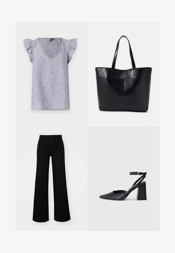 Lys blå kortærmet top med V-hals, der har flæseærmer og et subtilt struktureret stof. Casual design, afslappet pasform.; Sorte bukser med bred benvidde lavet af denim, med en struktureret talje, bæltesløjfer og forlommer. Glat tekstur med et klassisk design.; Sort læder spidse pumps med ankelrem og en chunky hæl. Flad tekstur, slankt design og minimalistisk æstetik.; Sort læder tote taske med to lange håndtag, en glat tekstur og en struktureret form. Har en forlommem for ekstra opbevaring.