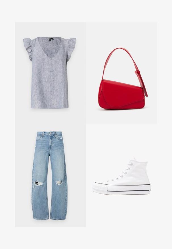 Vaaleansininen lyhythihainen paita, jossa on V-niskatyyli. Rypytetyt hihat ja hienovarainen tekstuuri. Rentoa muotoilua, väljä istuvuus.; Vaaleansiniset, korkeavyötäröiset farkut, jotka on valmistettu denimmateriaalista. Ominaisuuksiin kuuluvat leveät lahkeet, kaksi revittyä polvialuetta ja klassinen viiden taskun tyyli.; Valkoiset korkeavartiset kangaskengät mustalla kumipohjalla, edessä kuminen varvasosa ja kuusi nauha-aukkoa, puhtaan minimalistisella muotoilulla.; Punainen nahkalaukku, jossa on kulmikas, geometrinen muotoilu. Varustettu yhdellä säädettävällä hihnalla ja läpällä, jossa on ommeltu yksityiskohtia.