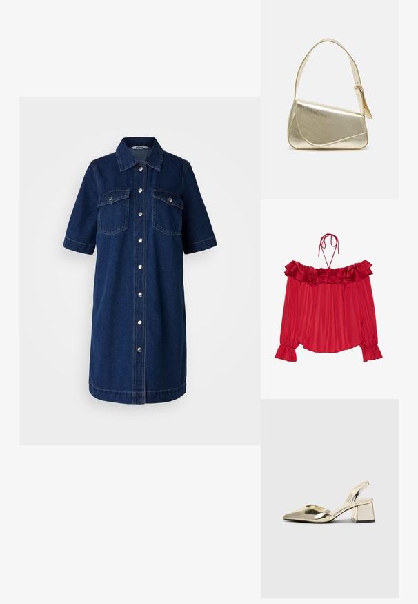Czerwona bluzka bez ramiączek z falbaną przy dekolcie, sznurkami do wiązania, plisowanym wzorem i rozszerzonymi mankietami. Lekki satynowy materiał.; Jeansowa sukienka w ciemnoniebieskim kolorze, z krótkimi rękawami, zapinana na guziki z przodu, z dwiema kieszonkami na klatce piersiowej i srebrnymi akcentami.; Złote, metaliczne szpilki z boku z wydłużonym noskiem i grubym obcasem. Gładka faktura, minimalistyczny design i wąski pasek.; Złota metaliczna torebka o strukturalnym designie, gładkiej powierzchni i regulowanym pasku. Charakteryzuje się unikalnym trójkątnym kształtem i minimalistycznym przeszyciem.