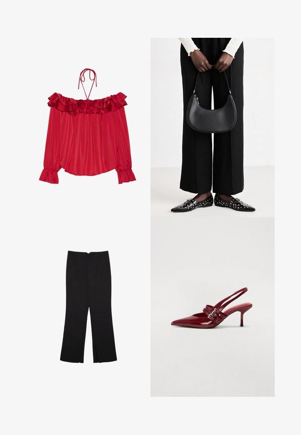 Blusa rossa a spalle scoperte con collo arricciato, spalline regolabili, texture plissettata e polsini a campana. Tessuto satin leggero.; Pantaloni neri a gamba dritta, con tasche frontali e spacchi laterali all'orlo. Realizzati in tessuto morbido e liscio. Adatti a diverse occasioni.; Décolleté slingback in vernice rossa con punta affusolata, due cinturini con fibbia e un sottile tacco a stiletto di media altezza. Texture liscia.; Borsa a spalla in pelle nera con forma arrotondata, finitura lucida e accessori in argento. Persona che indossa pantaloni ampi neri e mocassini con borchie.