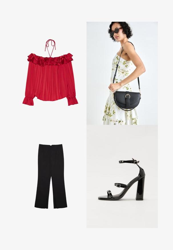 Blouse rouge à épaules dénudées avec un col à volants, des bretelles à nouer, une texture plissée et des manches à pattes d'éléphant. Tissu satin léger.; Pantalon noir avec une coupe droite, doté de poches avant et d'éclairs sur l'ourlet. Fabriqué en tissu doux et lisse. Convient à diverses occasions.; Sandales à talons vernies noires avec un bout carré, des sangles autour de la cheville et des boucles en argent. Dotées d'un talon bloc épais pour plus de stabilité.; Sac à main en cuir noir avec une forme courbée, bandoulière amovible et des accessoires en or. Le sac est doté d'un rabat avec un détail de boucle.