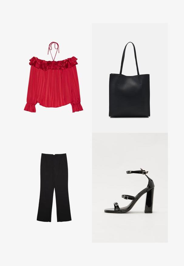 Punane õlgu vabalt kattev pluus volangiga kaeluses, seotud rihmad, plekitud tekstuur ja laienevad varrukate ääred. Kerge satiinist kangas.; Mustat housut suoralinjaisella leikkauksella, joissa on etutaskut ja sivurei'ät helman alla. Valmistettu pehmeästä ja sileästä kankaasta. Sopii eri tilaisuuksiin.; Musta kiiltävä korkokenkä sandaalit neliönmuotoisella varpaalla, nilkkaremmillä ja hopeisilla soljilla. Varustettu tukevalla lohkokorkealla vakauden takaamiseksi.; Mustapahkainen kangaskassi, jossa on sileä pinta, suorakaiteen muotoinen ja kaksi pitkää kahvaa. Ei näkyvää metalliosaa tai koristeita.