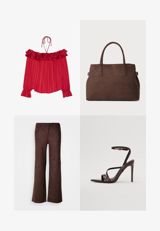 Bluză roșie fără umeri, cu guler cusut din volane, curele legate, textură plisată și manșete cu volan. Fabrică ușoară din satin.; Pantaloni maro evazați dintr-un material moale, asemănător cu suedeul. Prezintă patru buzunare, o închidere cu nasture și o suprafață netedă, texturată.; Sandați cu toc înalt din piele patent Burgundy, dotate cu o curea la glezna, vârful ascuțit și trei curele orizontale pe picior. Detalii cu cataramă aurie.; Geantă tote din microfibră maro cu două mânere robuste, formă structurată și design minimal, având accente subtile de cusătură.