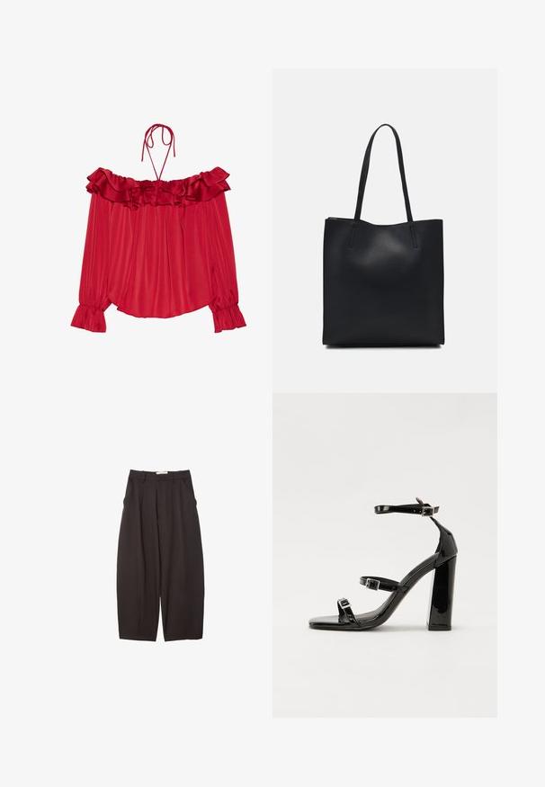 Czerwona bluzka bez ramiączek z falbaną przy dekolcie, sznurkami do wiązania, plisowanym wzorem i rozszerzonymi mankietami. Lekki satynowy materiał.; Czarne spodnie o szerokich nogawkach wykonane z gładkiego materiału, z wysokim stanem, plisami z przodu i bocznymi kieszeniami. Prosty fason bez zdobień.; Czarne lakierowane sandały na obcasie z kwadratowym noskiem, z paskami wokół kostki i srebrnymi klamrami. Posiadają masywny słupek dla stabilności.; Czarna skórzana torba tote o gładkiej fakturze, prostokątnym kształcie i dwóch długich uchwytach. Brak widocznych elementów metalowych i ozdób.