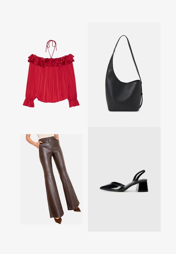 Blusa roja sin hombros con escote fruncido, tirantes con lazo, textura plisada y puños de manga acampanados. Tela de satén liviana.; Pantalones de cuero marrón acampanados con una textura suave, cintura ajustada y bolsillos laterales, con un diseño a medida y bocas de pierna anchas.; Zapatos de tacón slingback de charol negro con punta afilada y tacón geométrico en bloque. Presentan un diseño elegante y minimalista, así como una textura suave.; Bolso tipo hobo de cuero negro con una textura suave, forma curvada y una sola correa ajustable; presenta una amplia apertura en la parte superior.