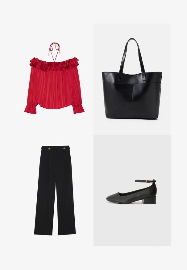Red off-the-shoulder blouse with ruffled neckline, tie straps, pleated texture, and flared sleeve cuffs. Lightweight satin fabric.; Black wide-leg trousers with high waist, button details on waistband, and front pleats.; Black leather pump with a pointed toe and a low block heel. Features an ankle strap with a gold-tone buckle. Smooth texture.; Black leather tote bag with two long handles, a smooth texture, and a structured shape. Features a front pocket for additional storage.