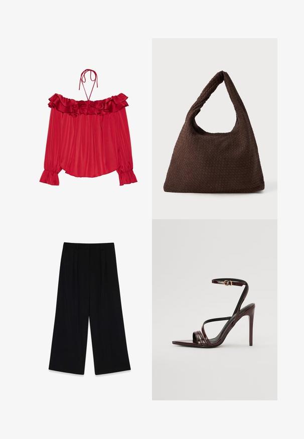 Punane õlgadelt avatud pluus, millel on volangiline kaelus, seotud rihmad, volditud tekstuur ja laiendatud varrukate ääred. Kerge satiinkangas.; Mustad laiad mustad püksid siledast kangast, ees volditud, keskmise kõrgusega vöökoht ning ilma nähtavate kinnituste või kaunistusteta.; Burgundi patendiga nahast kõrge kontsaga sandaalid, millel on pahkluu rihm, terav nina ja kolm horisontaalset rihma üle jala. Kuldtoneeritud pandla detail.; Pruun punutud kott pehme kuju, ühe silmuskäepideme ja tekstuurse pinnaga. Kujundus on hobo stiilis, ilma täiendava riistvarata.