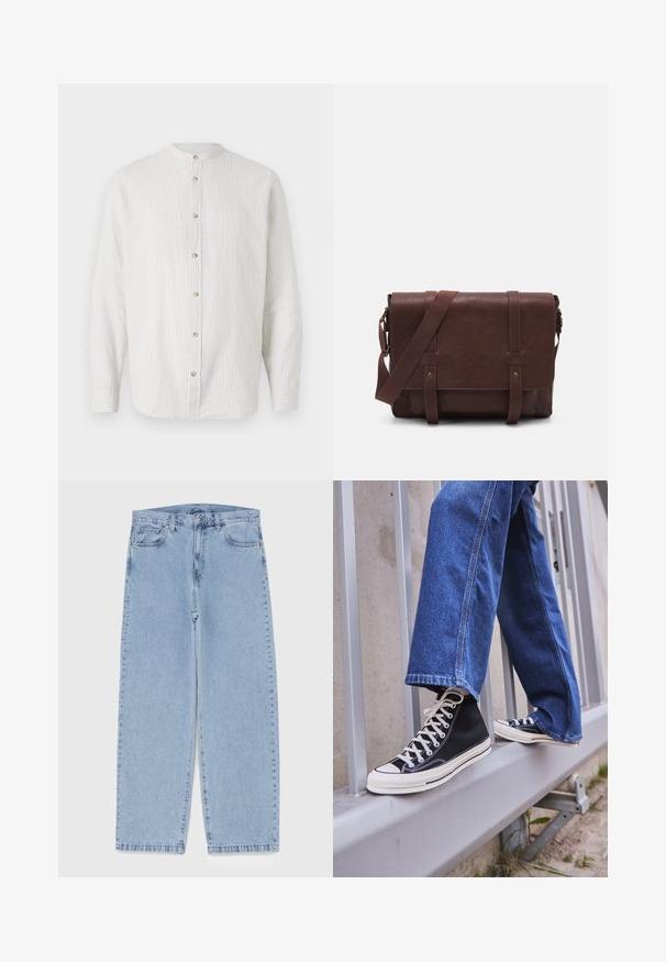 Svītrains krekls ar pogām gaiši krēmkrāsā un smalkā bēšā tonī, ar augstu apkakli, garām piedurknēm un apaļām pogām priekšpusē.; Ilga piedurkne balta T-kreklu, kas izgatavots no mīksta auduma, ar noapaļotu kakla izgriezumu un vienkāršu dizainu bez redzamām rakstzīmēm vai akcentiem.; Gai zila džinsu bikses ar taisnu kāju dizainu, kas piedāvā vidēju vidukļa augstumu, piecas kabatas un pogas un rāvējslēdzēja aizdari.; Melnas augstas kedas ar baltu zoli un auklām, apvienotas ar brīvām zilām džinsām, atpūšoties uz pelēka margotā balsta.; Brūns ādas sūtījumu soma ar plakanu priekšējo atloku, divām siksnām, zelta metāla detaļām un regulējamu plecu siksnu.