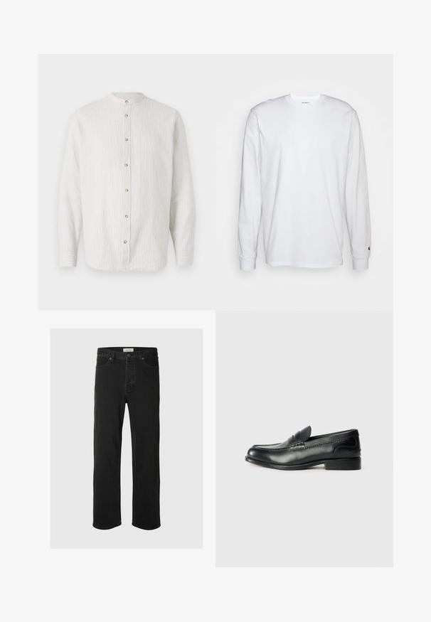 Chemise à rayures en crème clair et beige subtil, avec un col montant, des manches longues et des boutons ronds sur le devant.; T-shirt blanc à manches longues en coton. Design à col rond avec des poignets côtelés et un petit logo sur la manche gauche. Texture lisse.; Des jeans en denim noir à coupe droite disposent d'un design classique à cinq poches avec fermeture à bouton, de coutures minimales et d'une texture douce.; Mocassins en cuir noir avec une finition lisse, des détails cousus sur le devant et un talon légèrement surélevé.