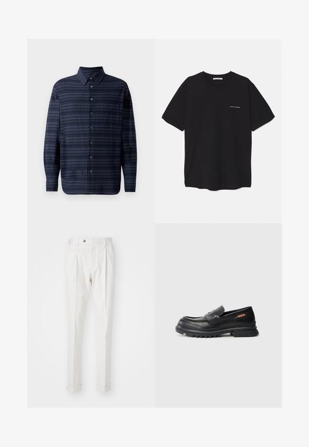 Ναυτικό πουκάμισο με κουμπιά, με ζιγκ-ζαγκ σχέδιο, μακριά μανίκια, κανονικό γιακά και κουμπιά κατά μήκος του μπροστινού μέρους. Υφή υφάσματος.; Μαύρο βαμβακερό T-shirt με στρογγυλή λαιμόκοψη, κοντά μανίκια και λευκή εκτύπωση λογότυπου στην αριστερή πλευρά του στήθους. Απλός, μονόχρωμος σχεδιασμός.; Λευκά, ραμμένα παντελόνια με επίπεδο μπροστινό μέρος, δύο πτυχές και γυρισμένα μανίκια. Φτιαγμένα από έναν λείο ύφασμα με κουμπί κλεισίματος στη μέση.; Μαύρες δερμάτινες loafers με στρογγυλή μύτη, χαμηλό τακούνι και παχιά, υφασμάτινη καουτσούκ σόλα. Διαθέτουν ραμμένο διακοσμητικό και ένα μικρό λογότυπο στην πλευρά.
