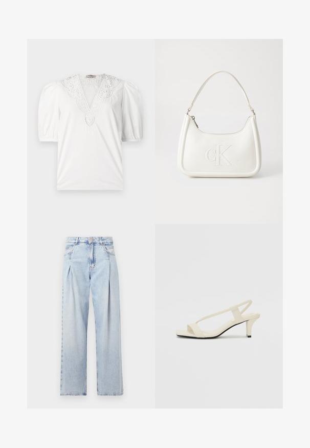 Weiße Bluse mit tiefem V-Ausschnitt und aufwendigen Spitzendetails, kurzen puffärmel und einem glatten, strukturierten Stoff.; Helle blaue Denim-Jeans mit hoher Taille, weitem Beinschnitt, zwei seitlichen Taschen und gefaltetem Design. Weiche Textur mit einem ausgebleichten Finish.; Beige Blockabsatzsandalen mit dünnen Riemen und quadrater Spitze. Glattes Material mit minimalem Design, entworfen für einfaches Tragen.; Weiße Lederhandtasche mit abgerundeter Form, ausgestattet mit einem geprägten "CK"-Logo auf der Vorderseite und einem Einzel-Schultergurt. Reißverschluss oben.