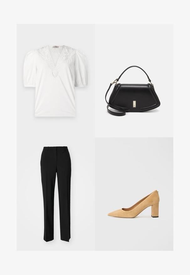 Blouse blanche avec un décolleté en V profond, ornée de dentelle délicate, des manches courtes bouffantes et un tissu lisse et texturé.; Pantalon noir ajusté avec une coupe droite, présentant une texture lisse et des plis nets sur le devant. Aucune quincaillerie visible.; Pumps à talons hauts en daim beige avec un bout pointu et un talon large. Le matériau a une texture douce avec une finition lisse.; Sac à main en cuir noir avec un design structuré, featuring une forme cropped, une poignée supérieure et des accents en matériel doré. Bandoulière réglable incluse.