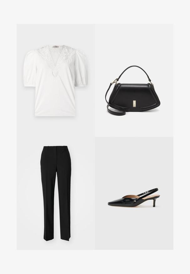 Weiße Bluse mit tiefem V-Ausschnitt und aufwendigen Spitzendetails, kurzen puffärmel und einem glatten, strukturierten Stoff.; Schwarze, taillierte Hose mit geradem Bein, aus einem glatten Stoff und mit klaren Falten an der Vorderseite. Keine sichtbare Hardware.; Schwarze Lackleder Slingback-Pump mit spitzem Zehenbereich, kleinem Absatz und einem Ausschnittdesign auf dem Vorderteil. Hardware in Goldton als Akzent an der Seite.; Schwarze Lederhandtasche mit einem strukturierten Design, das eine verkürzte Form, einen oberen Griff und goldfarbene Hardware-Details aufweist. Verstellbarer Schulterriemen ist enthalten.