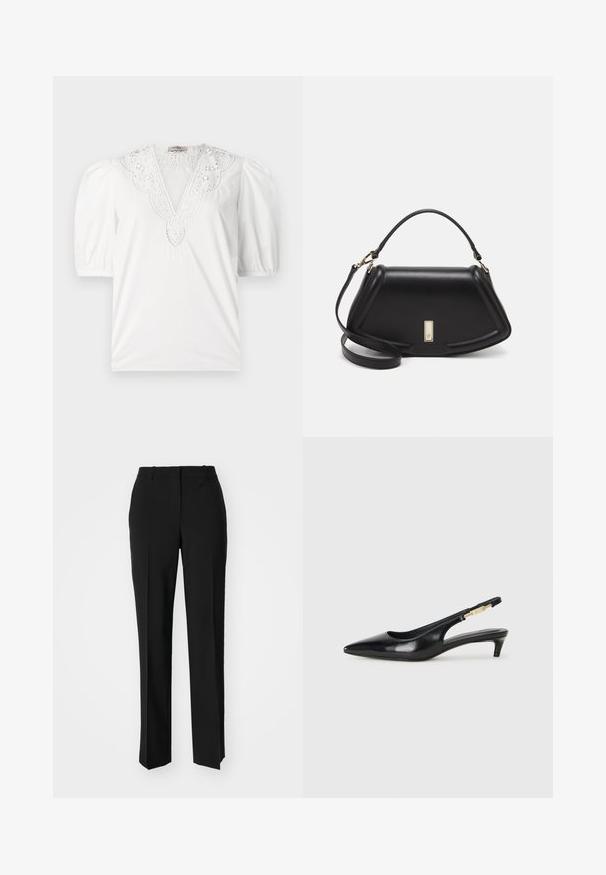 Hvit bluse med dyp V-hals med intrikate blonder, korte puffede ermer og et glatt, teksturert stoff.; Sorte skreddersydde bukser med rett silhuett, med en glatt tekstur og klare pressede bretter foran. Ingen synlig maskinvare.; Sorte lærreim hæler med spiss tå, som har en slank hæl og en gullfarget detalj på den justerbare stroppen. Glatt tekstur.; Sort lærveske med en strukturert design, som har en avkortet form, topphåndtak og detaljer i gull. Justerbar skulderstropp inkludert.