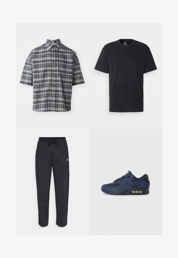 Camicetta a maniche corte con chiusura a bottoni in un motivo a quadri nero e grigio. Presenta un colletto a punta e chiusura frontale con bottoni neri.; T-shirt in cotone nero della Nike con collo rotondo classico, maniche corte e un logo in rilievo discreto sul petto. Texture liscia.; Pantaloni della tuta neri realizzati in tessuto morbido con vita elastica, coulisse e un piccolo logo Nike sulla coscia sinistra.; Sneakers Nike Air Max blu navy con parte superiore in suede e mesh, dotati di dettagli gialli, chiusura con lacci e ammortizzazione visibile nella suola.