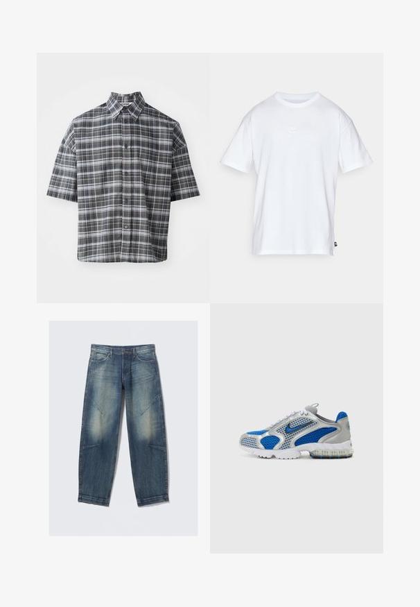Chemise à manches courtes à motifs carreaux noir et gris. Dotée d'un col pointu et d'une fermeture à boutons sur le devant avec des boutons noirs.; T-shirt en coton blanc à manches courtes et col rond. Présente un petit logo Nike subtil sur la poitrine et une étiquette sur le côté.; Jean en denim bleu délavé avec poches avant, passes de ceinture et coutures décoratives sur les cuisses et les genoux, posé à plat sur un fond blanc.; Baskets de sport bleu et argent avec des panneaux en maille, un col rembourré et une semelle translucide avec des accents bleus. Des lacets contrastants complètent le design.