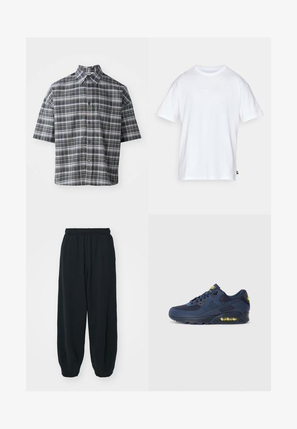 Lühikeste varrukatega nööbiga särk musta ja halli ruudulise mustriga. Omab teravat kraed ja esist nööpe mustade nuppudega.; Valge puuvillane t-särk lühikeste varrukatega ja ümmarguse kaelusega. Sellega on kaasas väike, tagasihoidlik Nike logo rinnal ja külgmine silt.; Mustade elastse vöökoha ja laia lõikega dressipüksid, mansetiga sääred, sile tekstuur ning ilma nähtavate mustrite või detailideta.; Tumed sinine Nike Air Max tossud, mille ülemine osa on valmistatud sametist ja võrkmaterjalist, kollaste aktsentidega, nööriga kinnitatav ja nähtava õhupadjaga tallas.