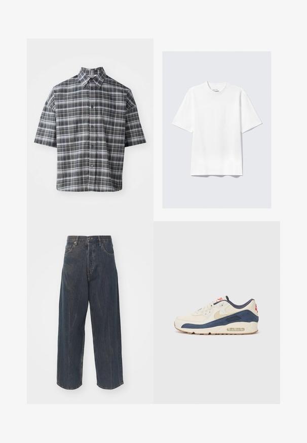 Lühikeste varrukatega nööbiga särk musta ja halli ruudulise mustriga. Omab teravat kraed ja esist nööpe mustade nuppudega.; Lame valge lühikeste varrukatega vabalt lõigatud T-särk, millel on helehall taust.; Laia tume sinine teksapüksid, millel on peenelt kulutatud tekstuur, viis taskut ning klassikaline nööp ja luku sulgemine vööl.; Kreem nahk ja tumesinise nubukiga ülaosa, millel on nähtav õhksool, beež kummist välistald ja punane aktsent kanna peal.