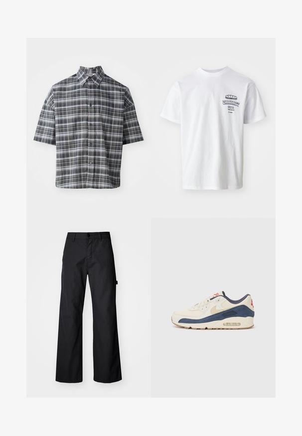 Kurzarmpoloshirt mit einem schwarz-grauen Karomuster. Verfügt über einen spitzen Kragen und eine vordere Knopfleiste mit schwarzen Knöpfen.; Weißes Baumwoll-T-Shirt mit kurzen Ärmeln, Rundhalsausschnitt und einem grafischen Druck, der den Text "Carhartt WIP" sowie eine Lebensmittelillustration auf der Brust zeigt.; Schwarze, weite Hosen aus robustem Stoff. Verfügt über einen Knopfverschluss und Seitentaschen. Glatte Textur mit einem schlichten Design.; Sneaker mit einem Obermaterial aus cremefarbenem Leder und marineblauem Wildleder, sichtbar luftgefüllter Sohle, beiger Gummisohle und rotem Akzent an der Ferse.