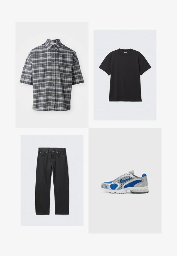 Lühikeste varrukatega nööbiga särk musta ja halli ruudulise mustriga. Omab teravat kraed ja esist nööpe mustade nuppudega.; Must sõnumit särk lühikeste varrukate ja puuvillase kangaga. Omab ümarat kaelust ja lõdva istuvust. Lihtne disain, ilma mustrite või aktsentideta.; Mustmustest tumedega mustad teksad, sirgete jalgade lõikega, nuppudega haakimisega, viis taskut ja vasktooniga detailid. Sile tekstuur.; Sinine ja hõbedane spordijalatse, mis sisaldavad võrgusilma paneele, polsterdatud kaelaosa ja läbipaistvat talla, millel on sinised aktsendid. Kontrastsed kardinatooted täiendavad disaini.